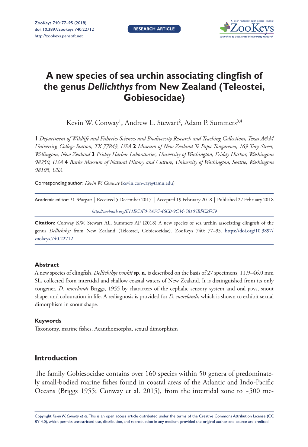 A New Species of Sea Urchin Associating Clingfish of the Genus Dellichthys from New Zealand (Teleostei, Gobiesocidae)