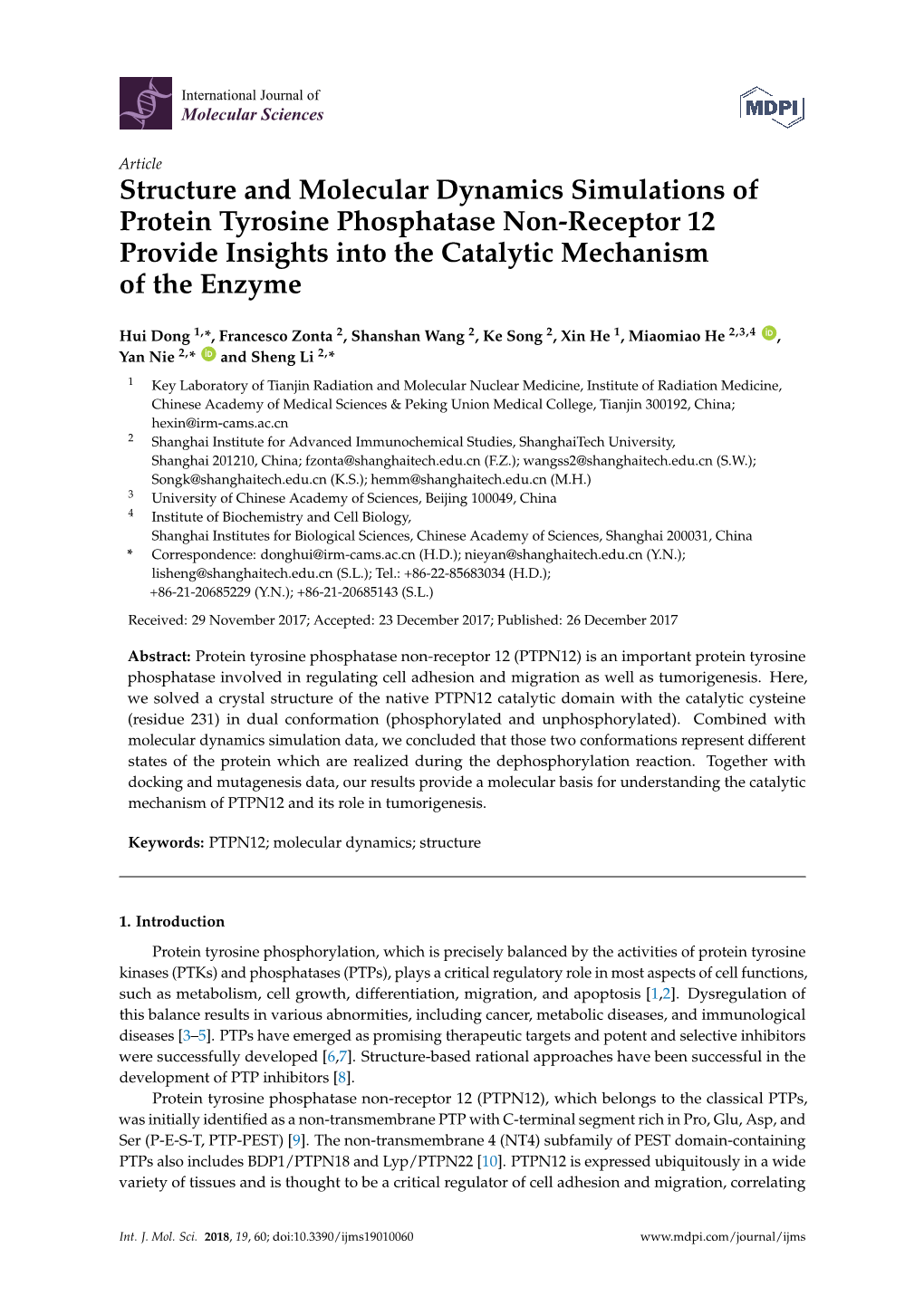 Structure and Molecular Dynamics Simulations of Protein Tyrosine Phosphatase Non-Receptor 12 Provide Insights Into the Catalytic Mechanism of the Enzyme