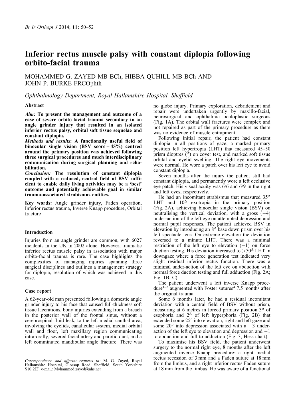 Inferior Rectus Muscle Palsy with Constant Diplopia Following Orbito-Facial Trauma