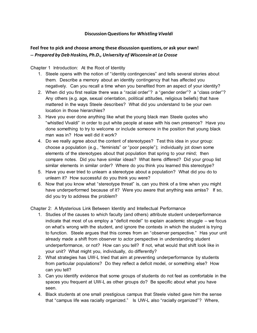 Discussion Questions for Whistling Vivaldi Feel Free to Pick and Choose Among These Discussion Questions, Or Ask Your Own!