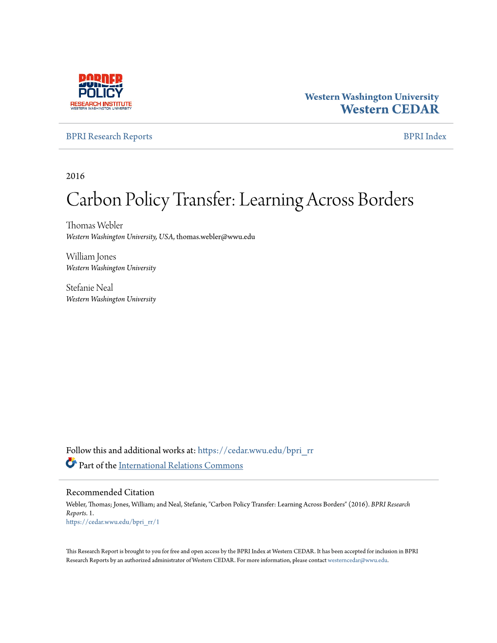Carbon Policy Transfer: Learning Across Borders Thomas Webler Western Washington University, USA, Thomas.Webler@Wwu.Edu