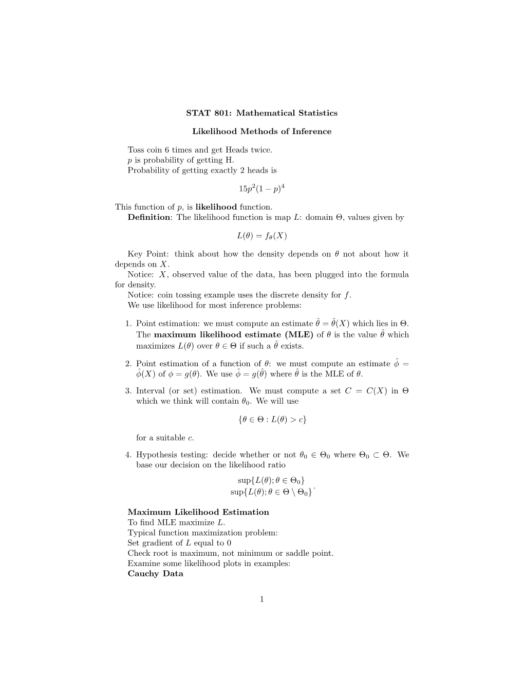 Mathematical Statistics Likelihood Methods of Inference Toss Coin 6