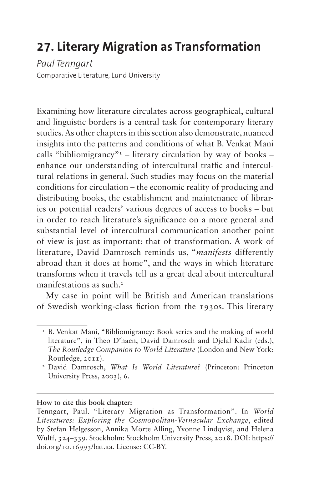 World Literatures: Exploring the Cosmopolitan-Vernacular Exchange, Edited by Stefan Helgesson, Annika Mörte Alling, Yvonne Lindqvist, and Helena Wulff, 324–339