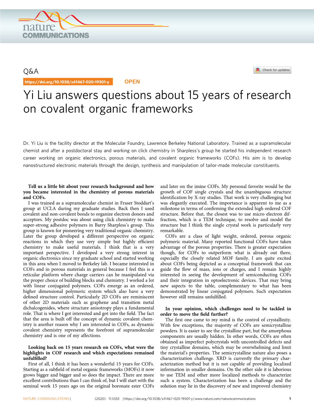 Yi Liu Answers Questions About 15 Years of Research on Covalent Organic Frameworks