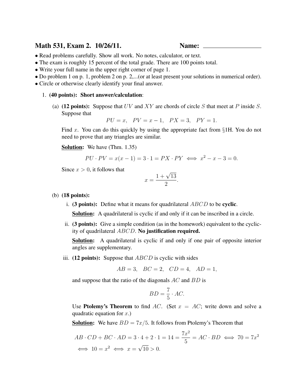 Math 531, Exam 2. 10/26/11. Name: • Read Problems Carefully