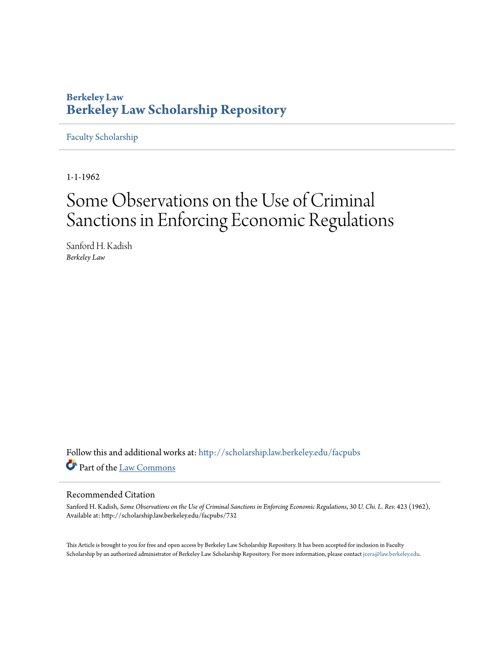 Some Observations on the Use of Criminal Sanctions in Enforcing Economic Regulations Sanford H