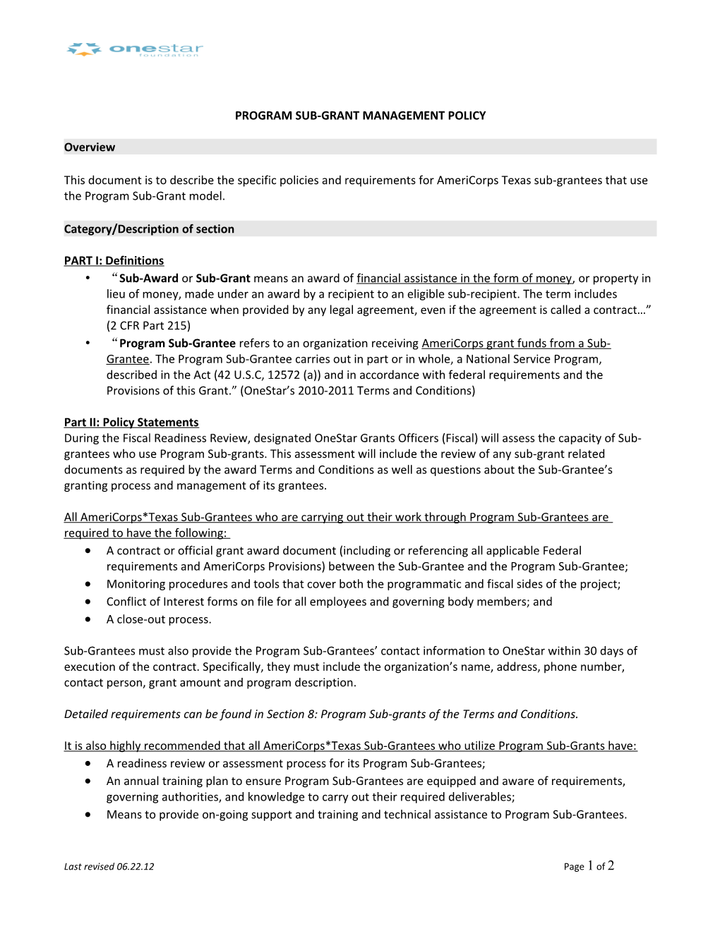 Program Sub-Grant Management Policy