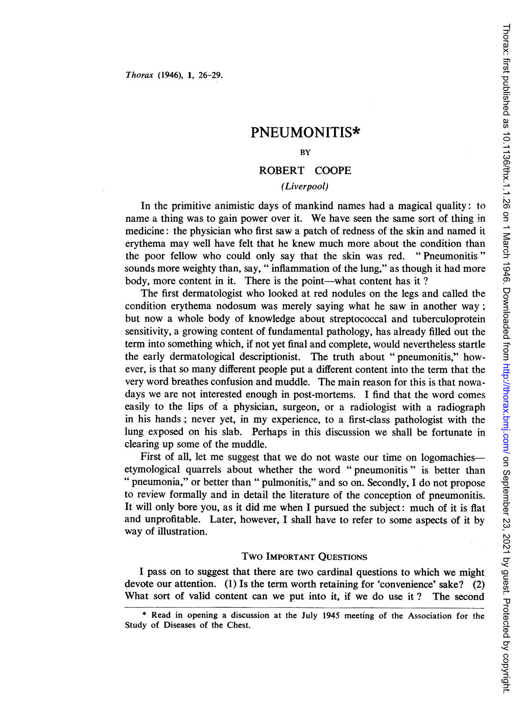 PNEUMONITIS* by ROBERT COOPE (Liverpool) in the Primitive Animistic Days of Mankind Names Had a Magical Quality: to Name a Thing Was to Gain Power Over It