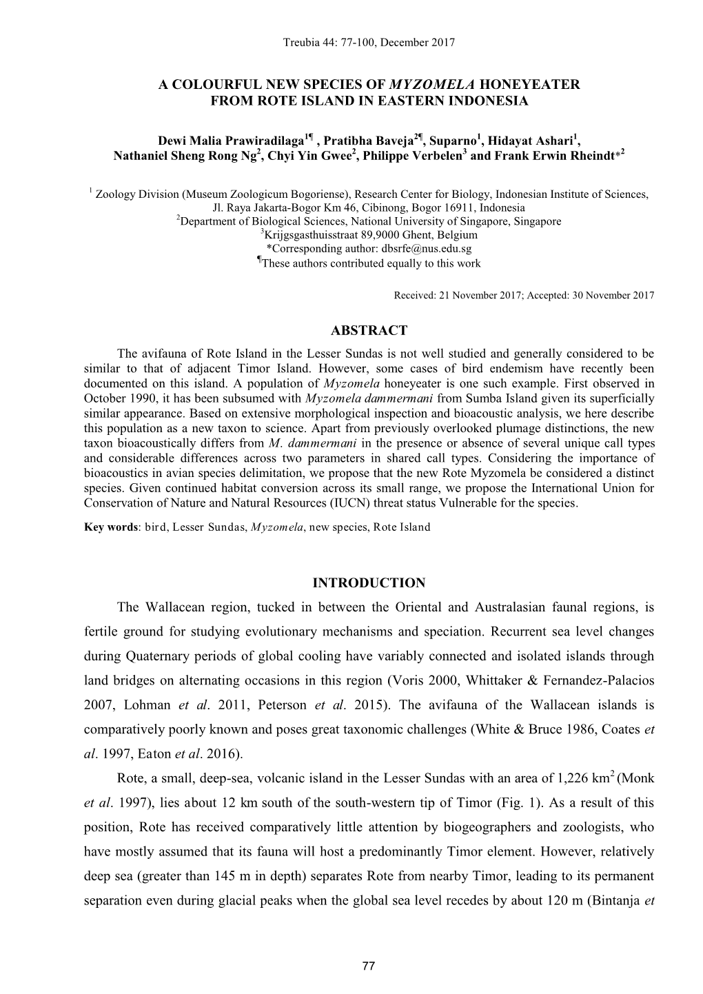 A COLOURFUL NEW SPECIES of MYZOMELA HONEYEATER from ROTE ISLAND in EASTERN INDONESIA ABSTRACT INTRODUCTION the Wallacean