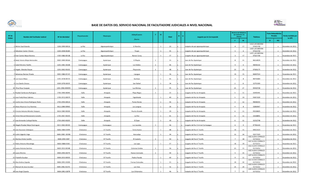 Base De Datos Del Servicio Nacional De Facilitadore Judiciales a Nivel Nacional