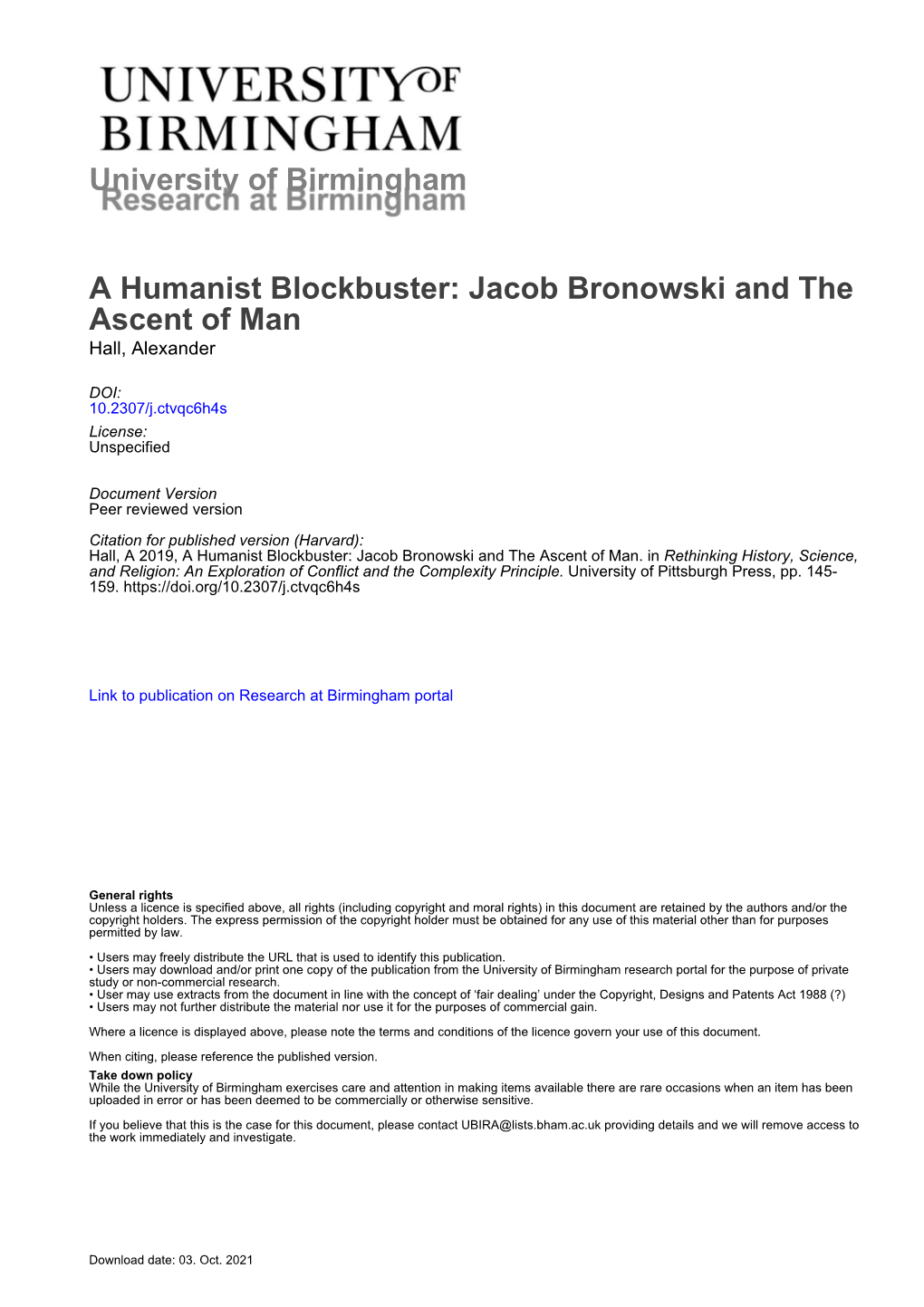 Humanist Blockbuster: Jacob Bronowski and the Ascent of Man Hall, Alexander