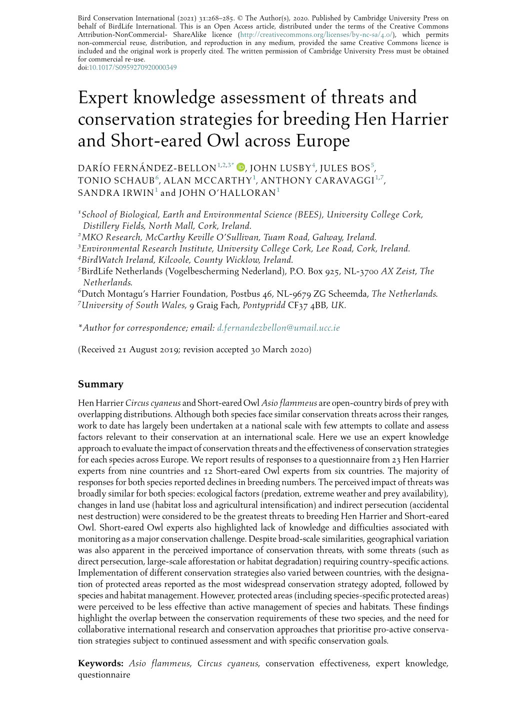 Expert Knowledge Assessment of Threats and Conservation Strategies for Breeding Hen Harrier and Short-Eared Owl Across Europe