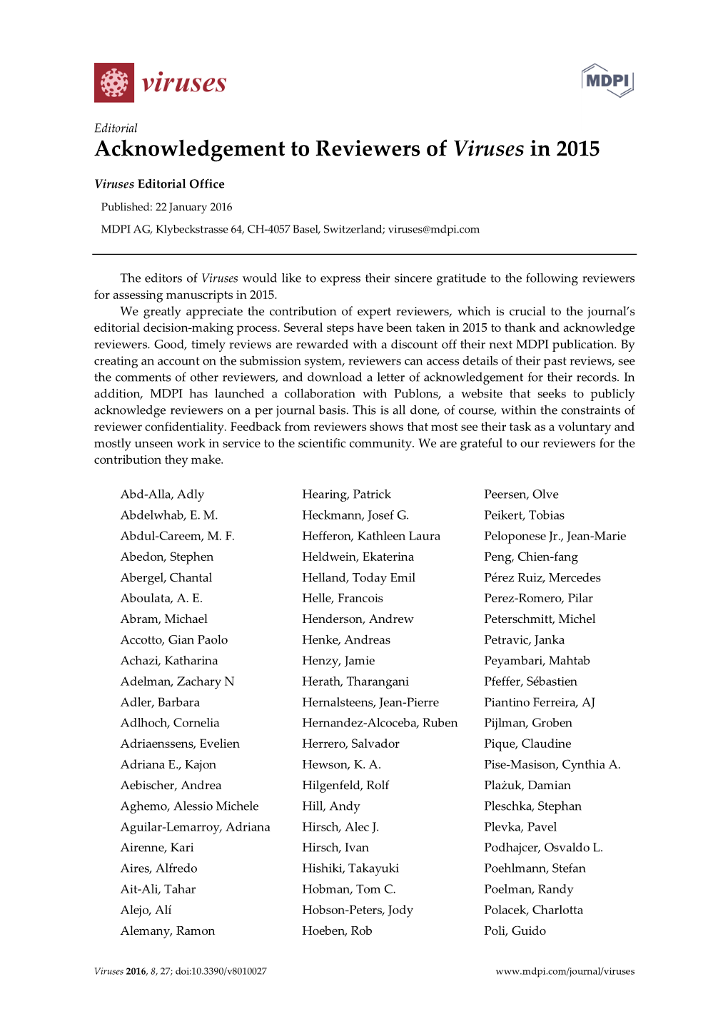 Acknowledgement to Reviewers of Viruses in 2015