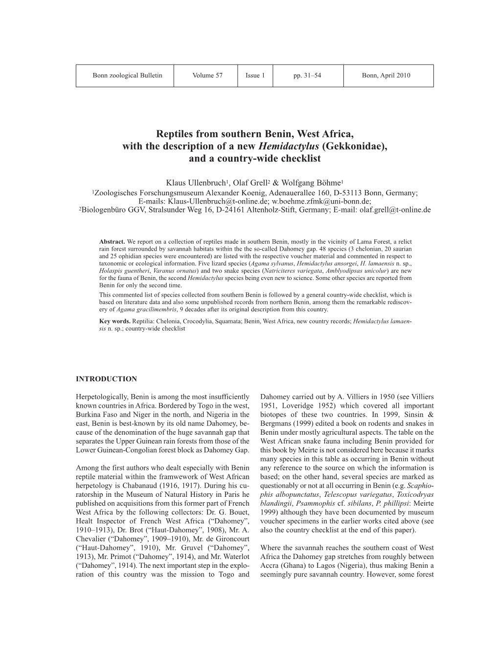 Reptiles from Southern Benin, West Africa, with the Description of a New Hemidactylus (Gekkonidae), and a Country-Wide Checklist