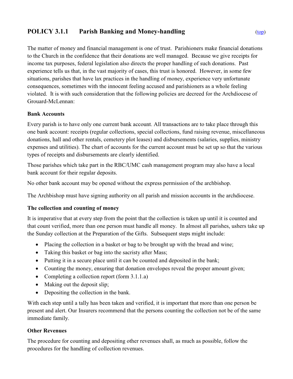 POLICY 3.1.1 Parish Banking and Money-Handling (Top)