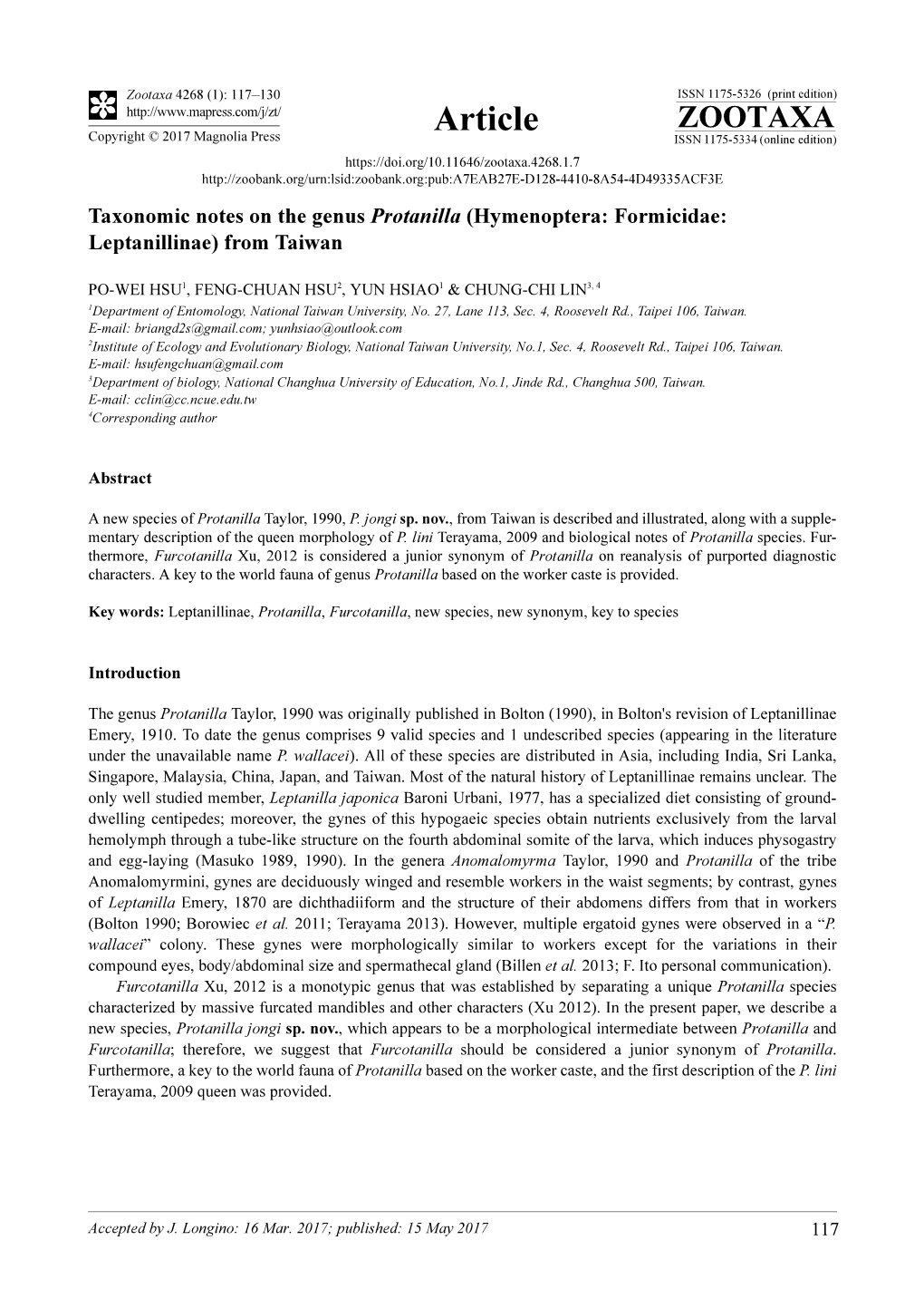 Taxonomic Notes on the Genus Protanilla (Hymenoptera: Formicidae: Leptanillinae) from Taiwan