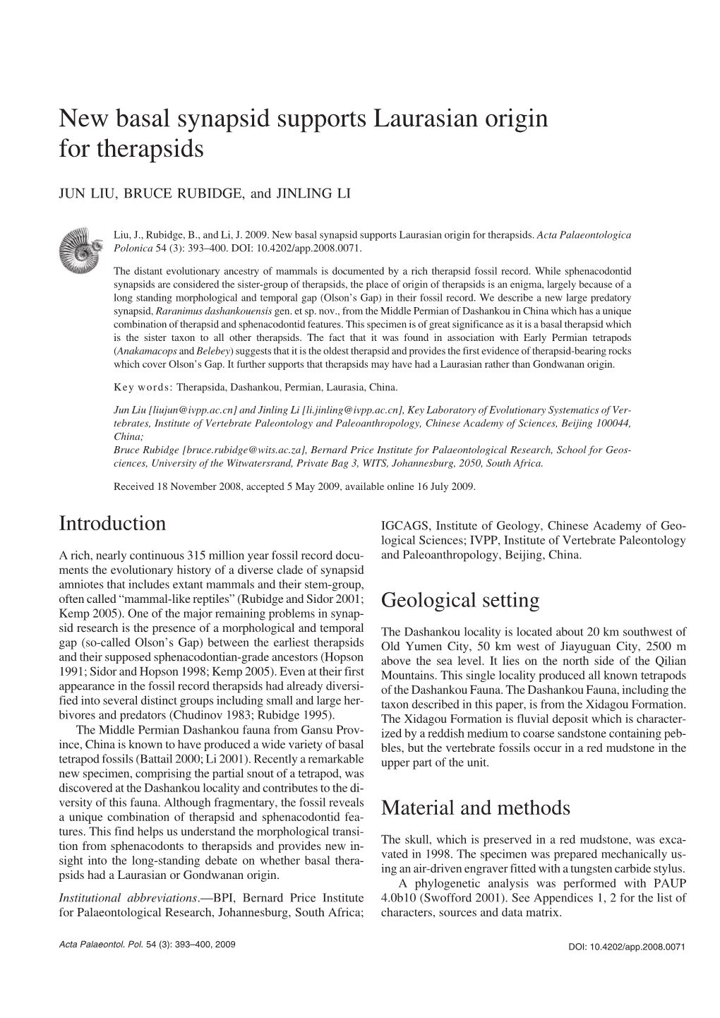 New Basal Synapsid Supports Laurasian Origin for Therapsids