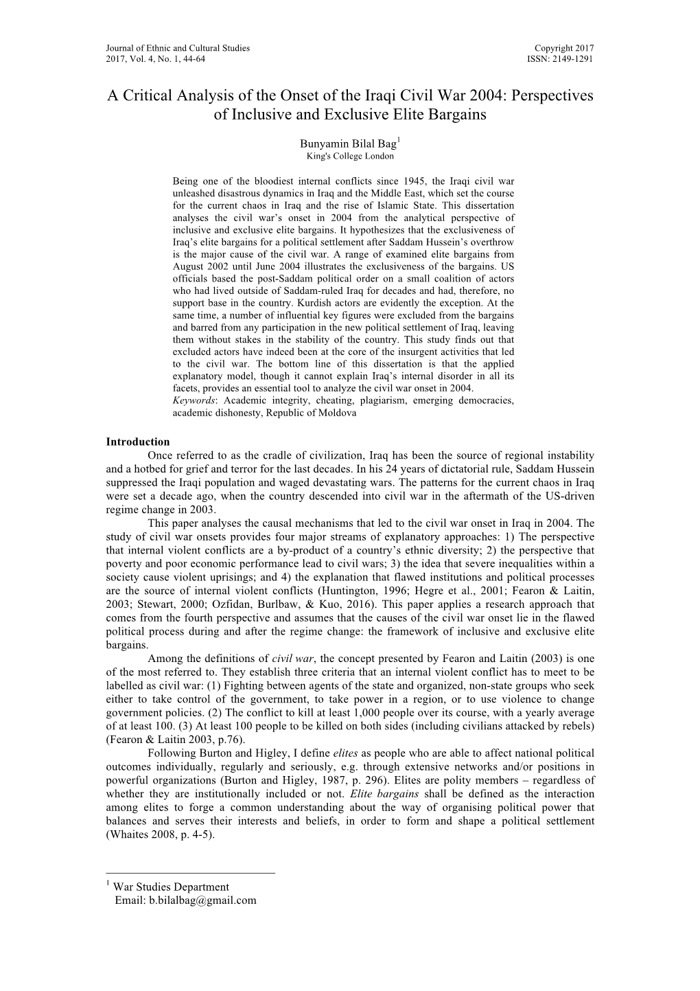 A Critical Analysis of the Onset of the Iraqi Civil War 2004: Perspectives of Inclusive and Exclusive Elite Bargains