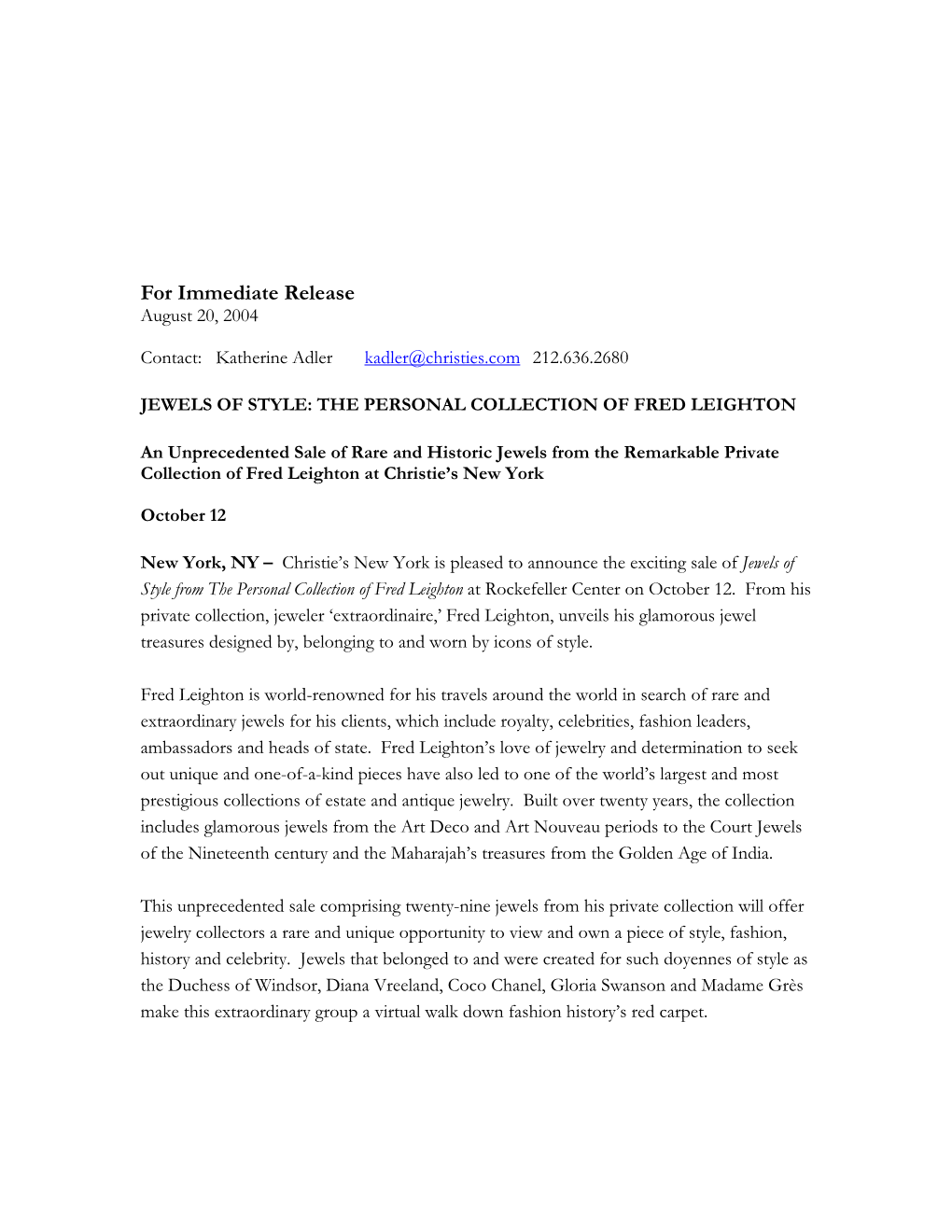 For Immediate Release August 20, 2004