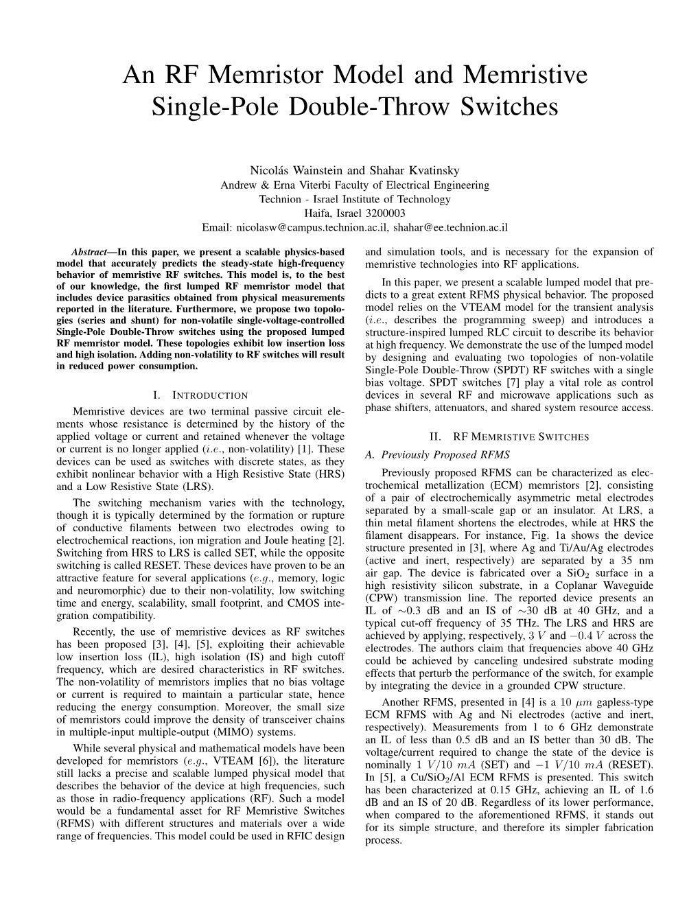 An RF Memristor Model and Memristive Single-Pole Double-Throw Switches
