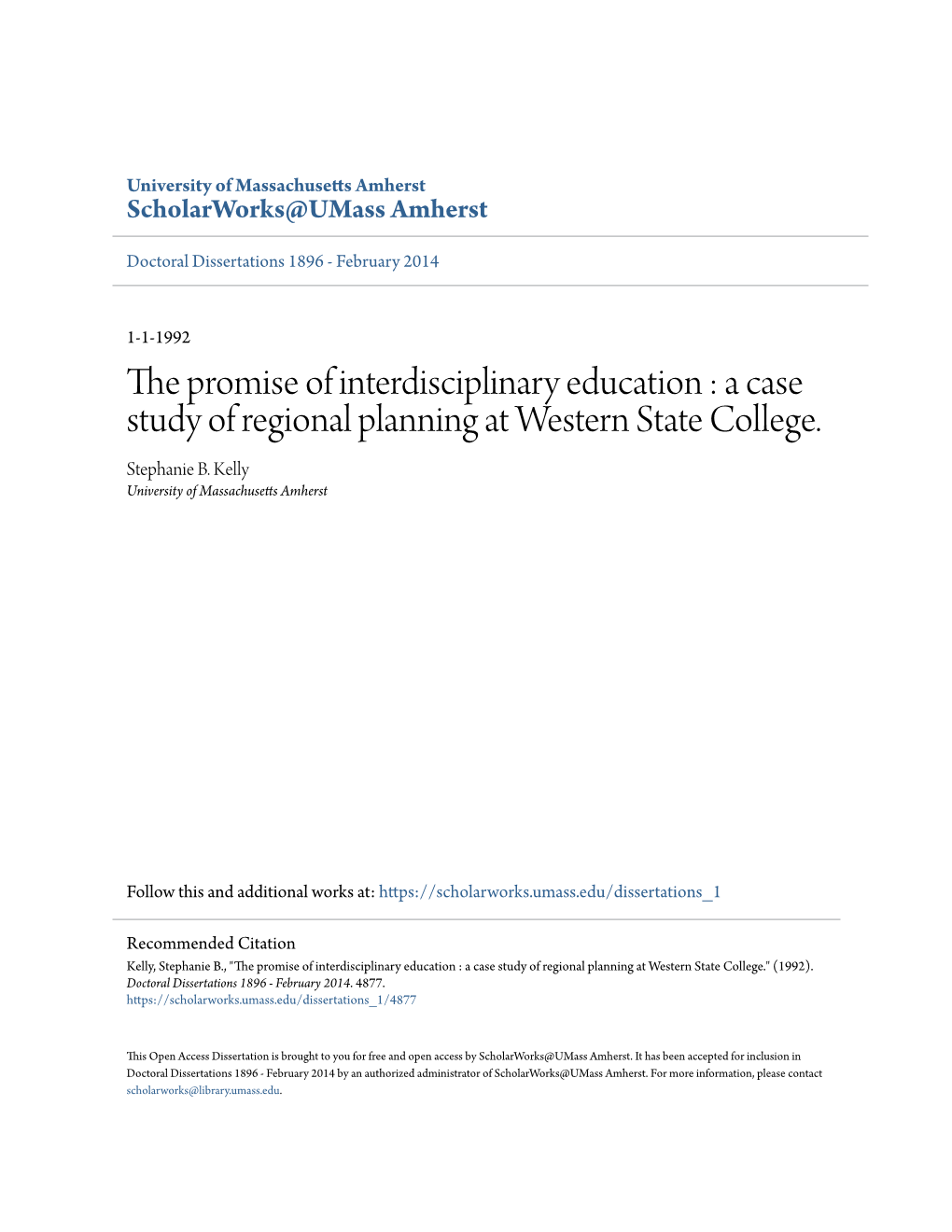 The Promise of Interdisciplinary Education : a Case Study of Regional Planning at Western State College
