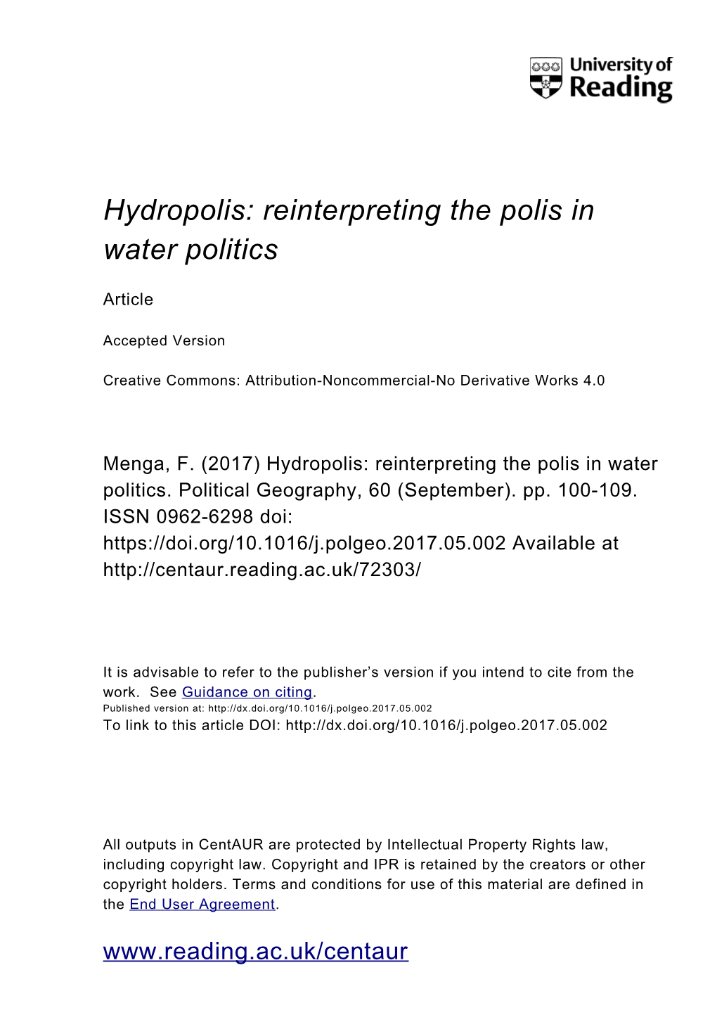 Hydropolis: Reinterpreting the Polis in Water Politics