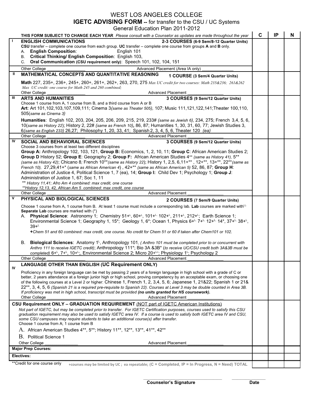 IGETC ADVISING FORM for Transfer to the CSU / UC Systems