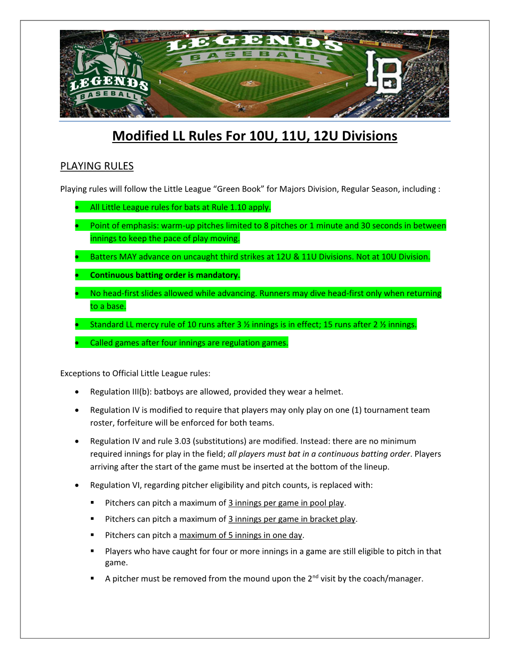 Modified LL Rules for 10U, 11U, 12U Divisions