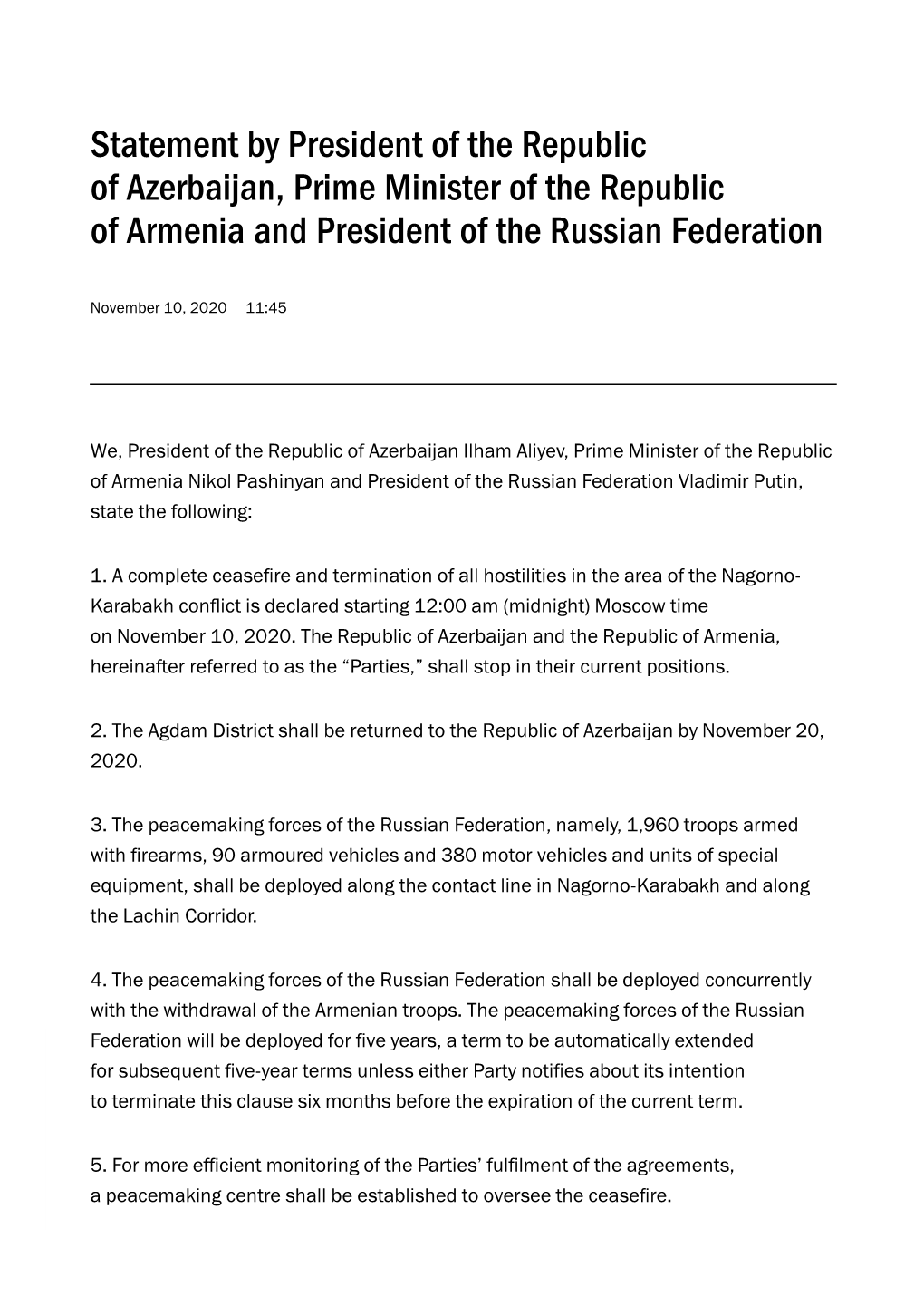 Statement by President of the Republic of Azerbaijan, Prime Minister of the Republic of Armenia and President of the Russian Federation