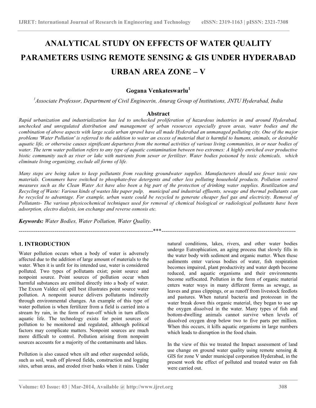 Analytical Study on Effects of Water Quality Parameters Using Remote Sensing & Gis Under Hyderabad Urban Area Zone – V