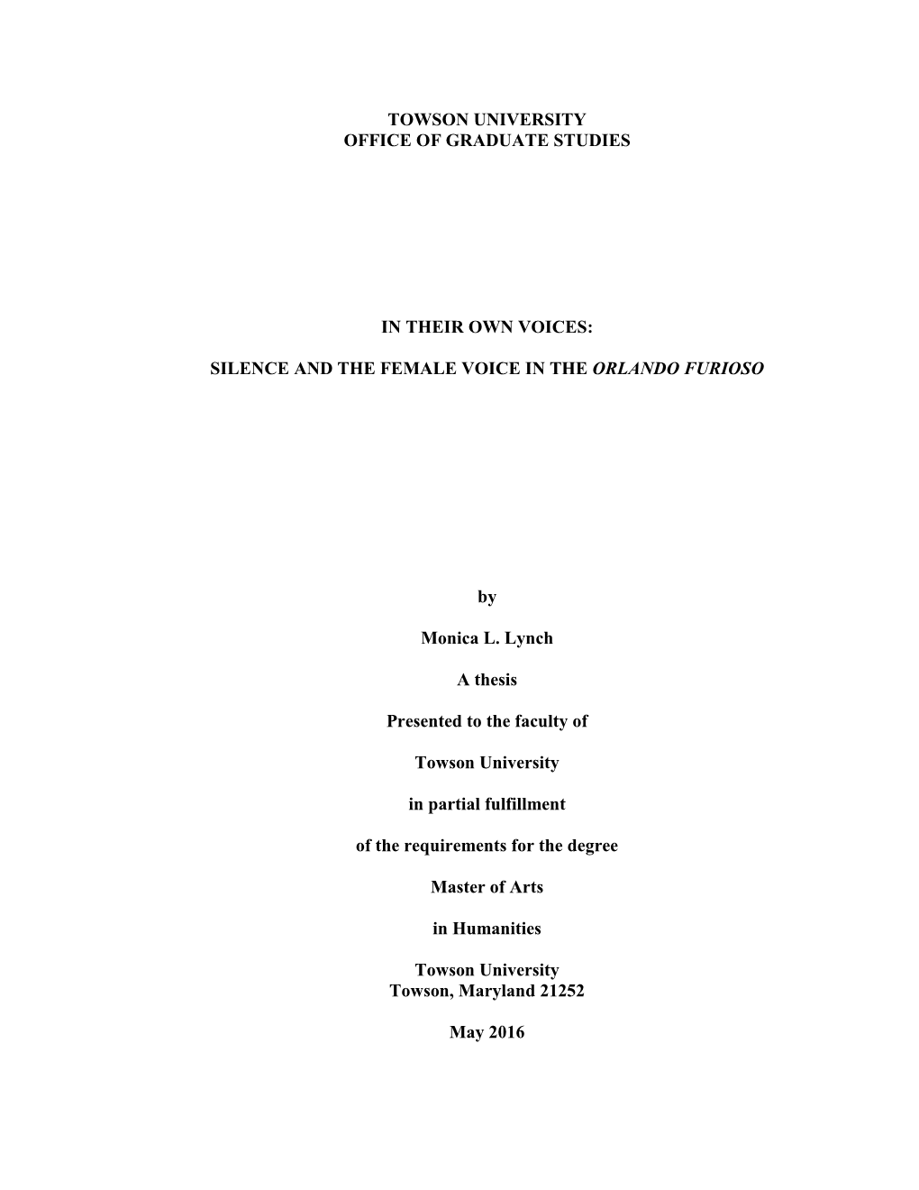 SILENCE and the FEMALE VOICE in the ORLANDO FURIOSO by Monica