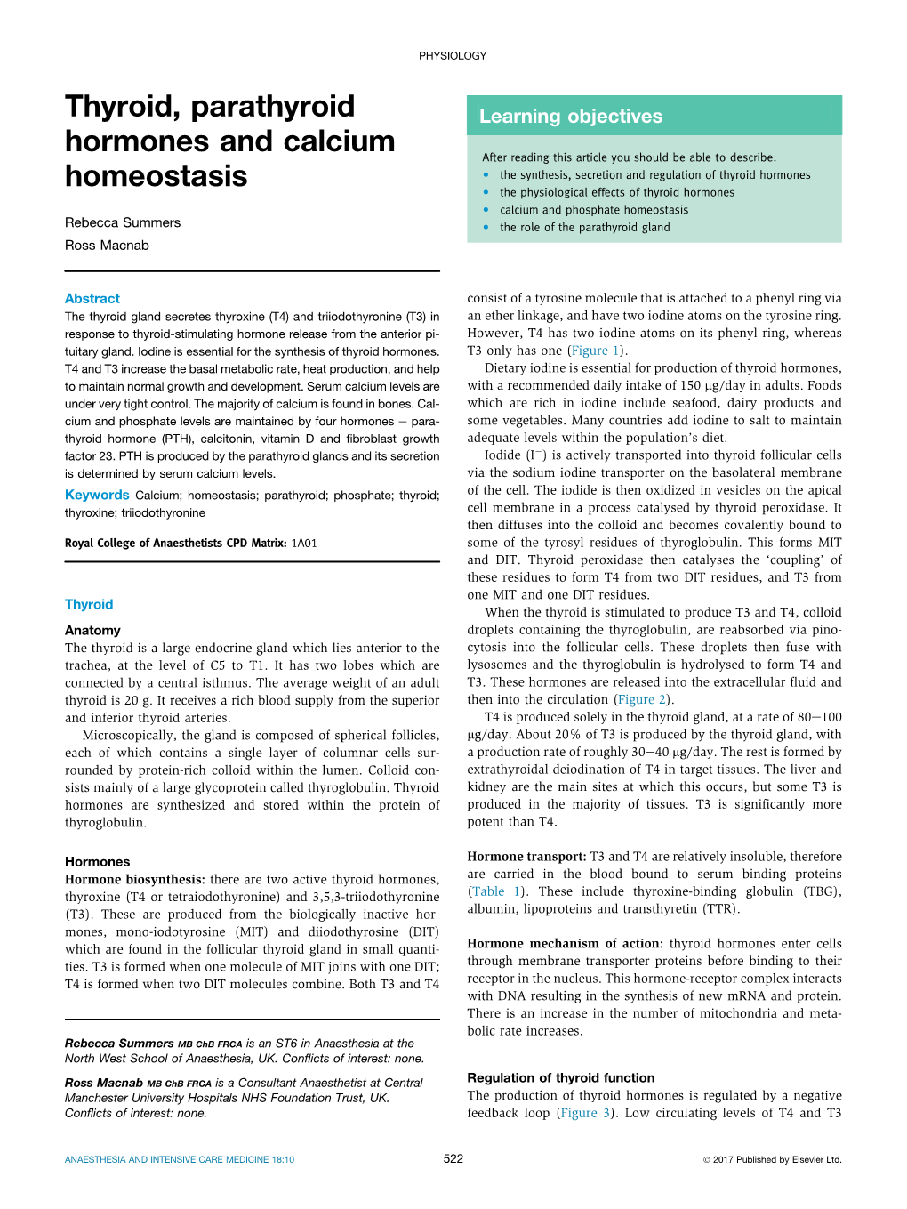 Thyroid, Parathyroid Hormones and Calcium Homeostasis