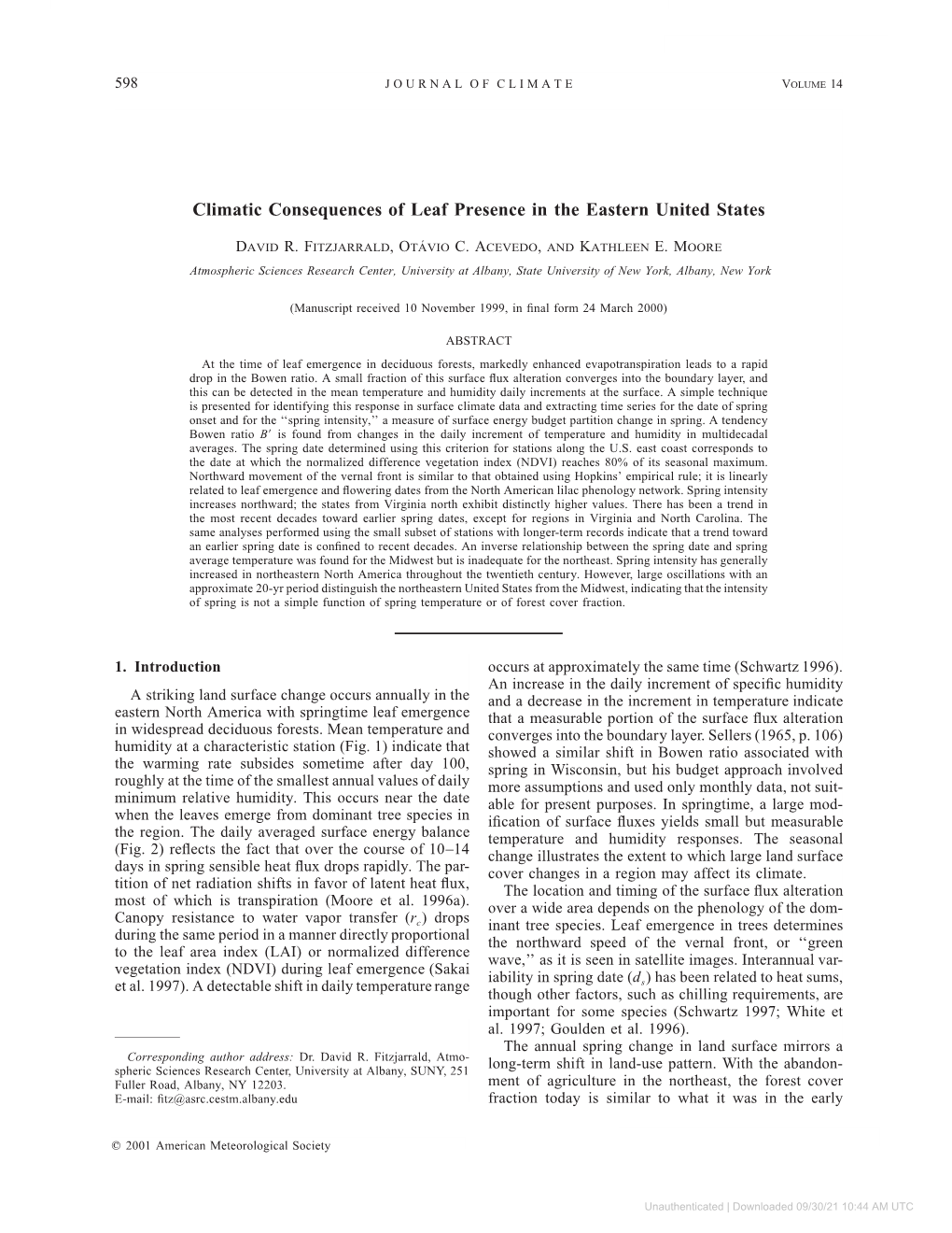 Climatic Consequences of Leaf Presence in the Eastern United States