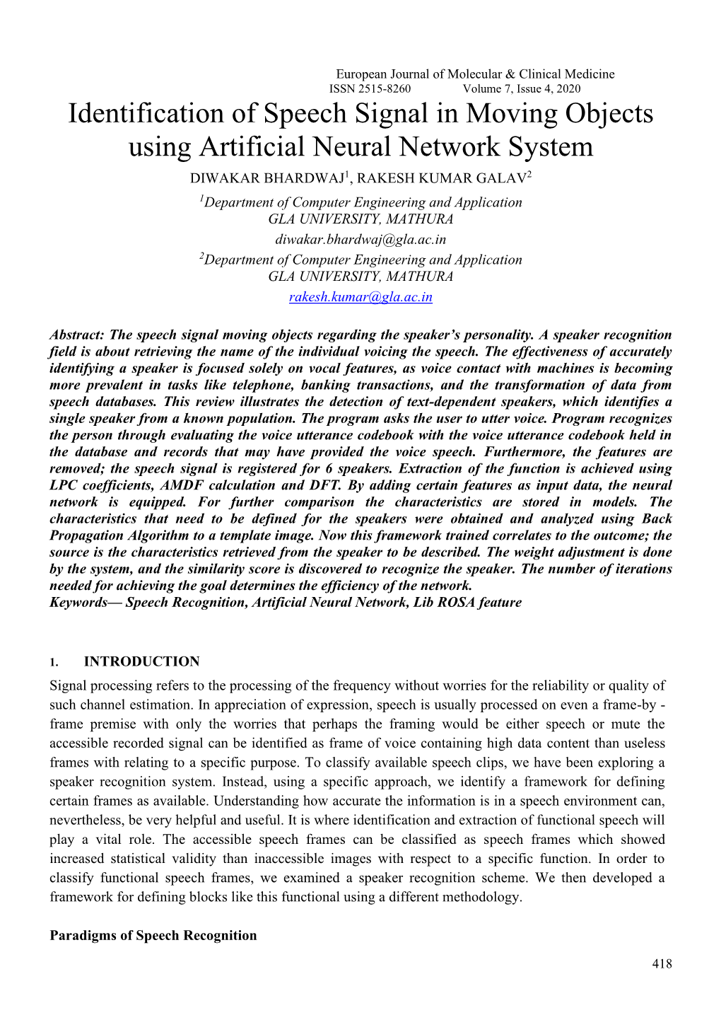 Identification of Speech Signal in Moving Objects Using Artificial