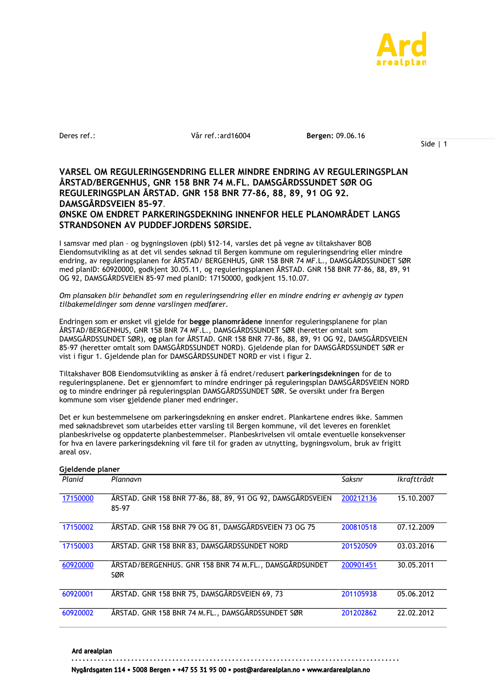 Varsel Om Reguleringsendring Eller Mindre Endring Av Reguleringsplan Årstad/Bergenhus, Gnr 158 Bnr 74 M.Fl. Damsgårdssundet Sør Og Reguleringsplan Årstad