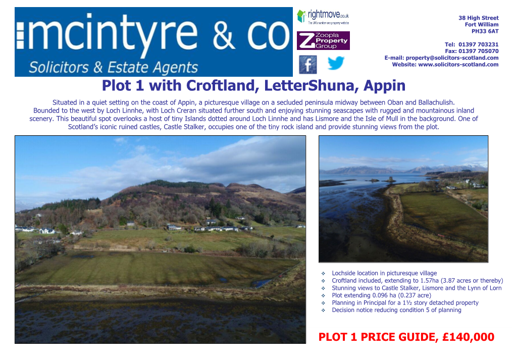 Plot 1 with Croftland, Lettershuna, Appin