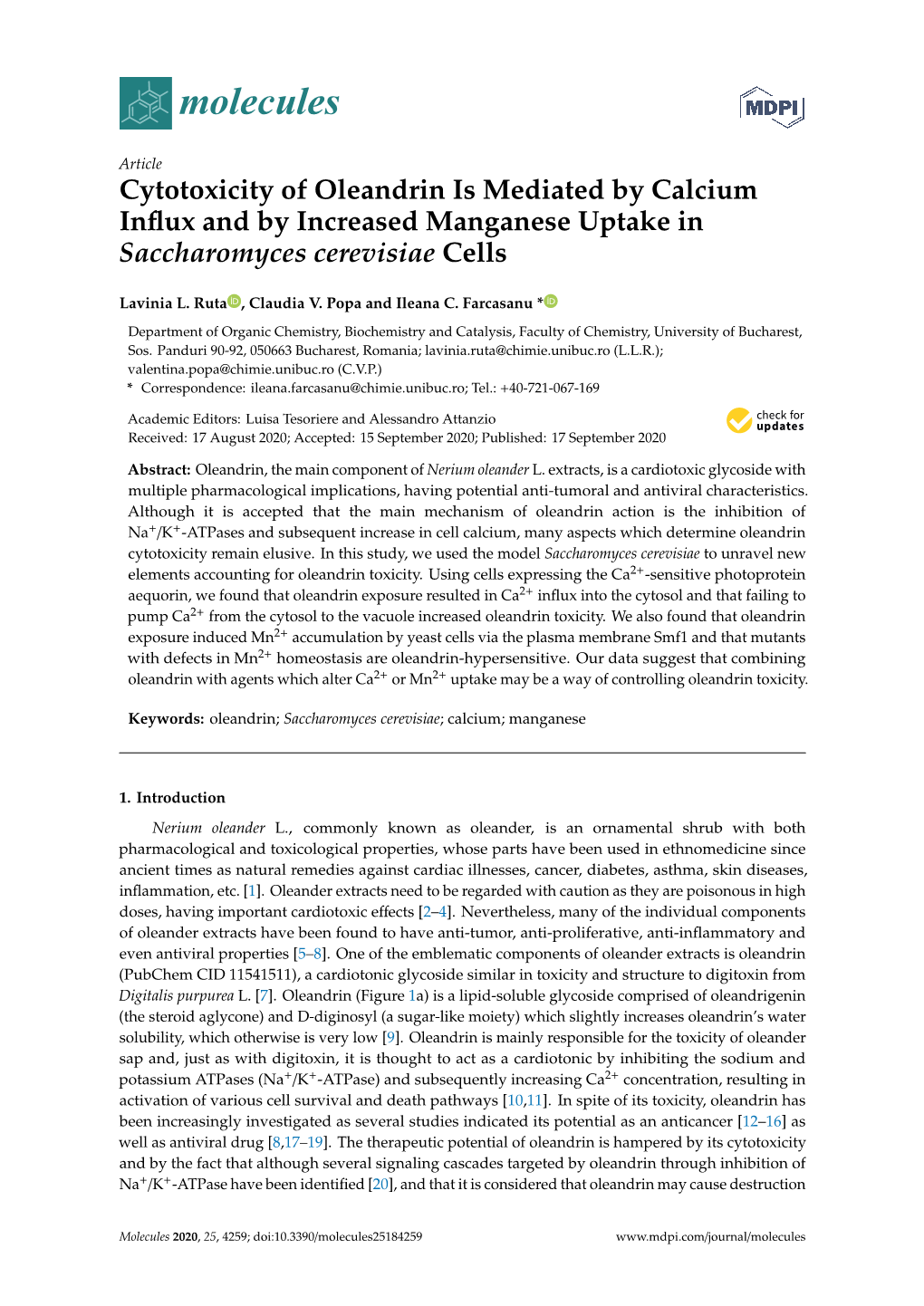 Cytotoxicity of Oleandrin Is Mediated by Calcium Influx and by Increased Manganese Uptake in Saccharomyces Cerevisiae Cells