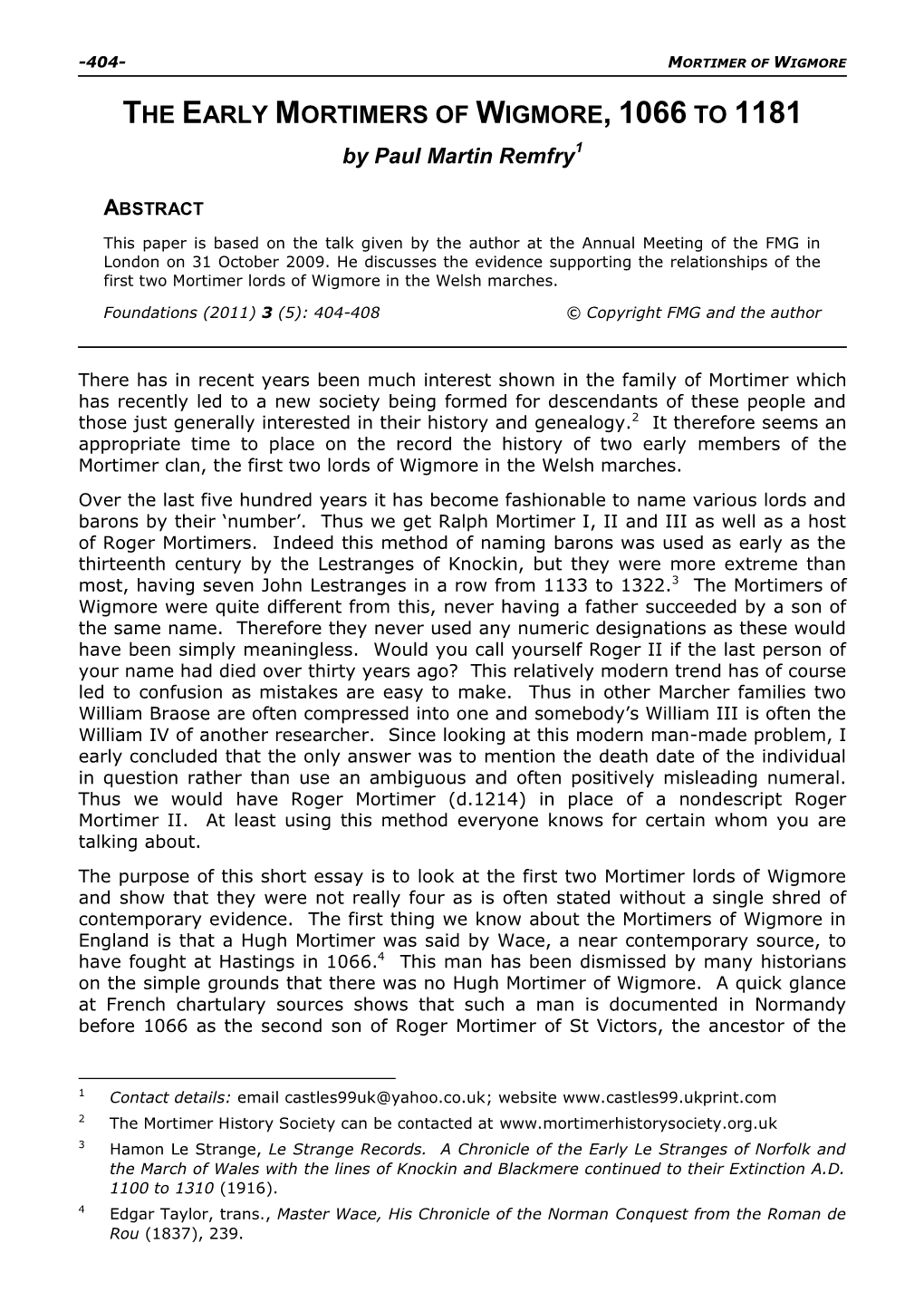 The Early Mortimers of Wigmore, 1066-1181