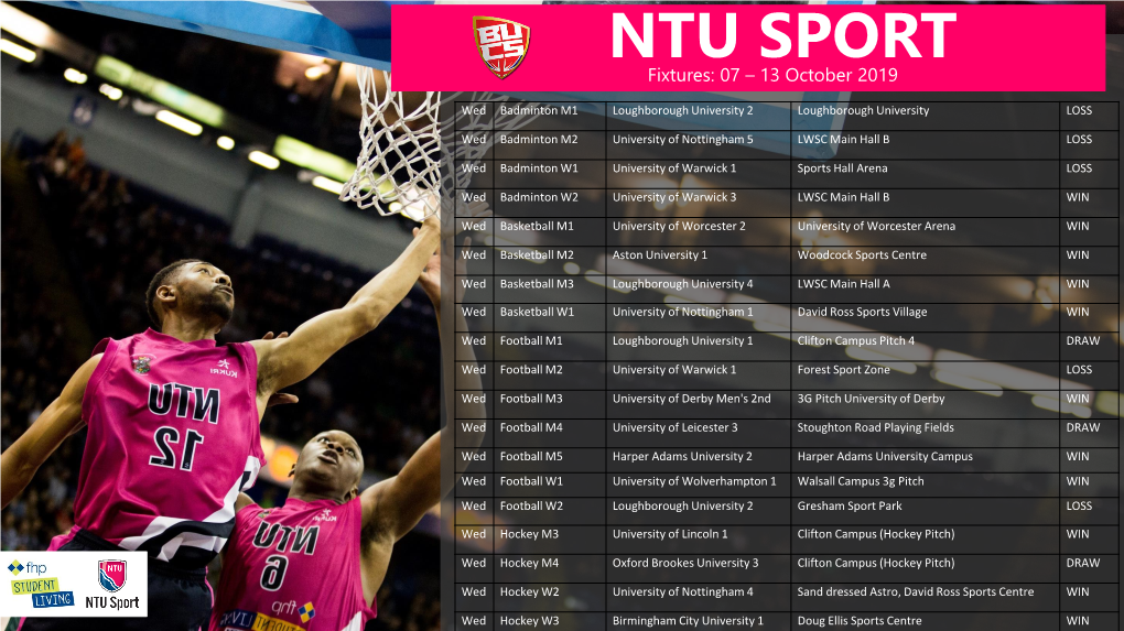 NTU SPORT Fixtures: 07 – 13 October 2019