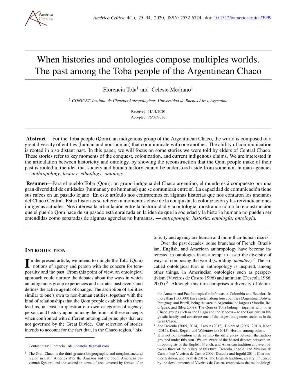 When Histories and Ontologies Compose Multiples Worlds. the Past Among the Toba People of the Argentinean Chaco