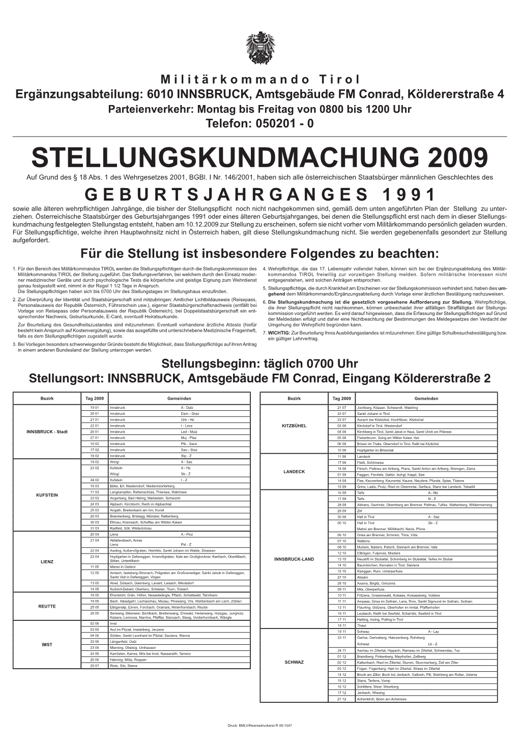 STELLUNGSKUNDMACHUNG 2009 Auf Grund Des § 18 Abs