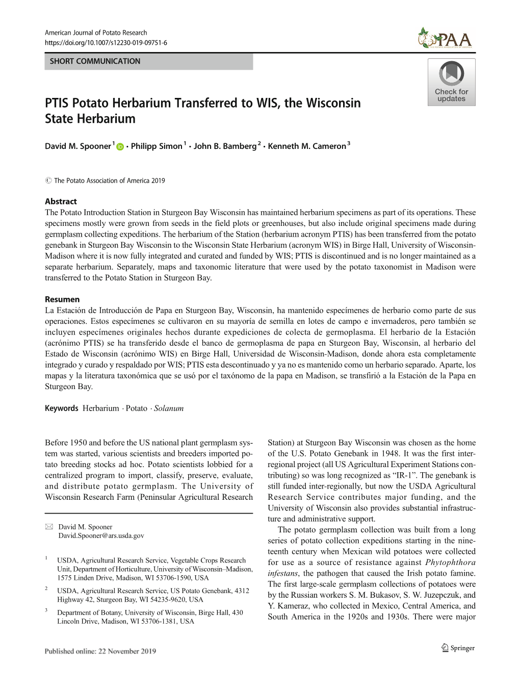 PTIS Potato Herbarium Transferred to WIS, the Wisconsin State Herbarium