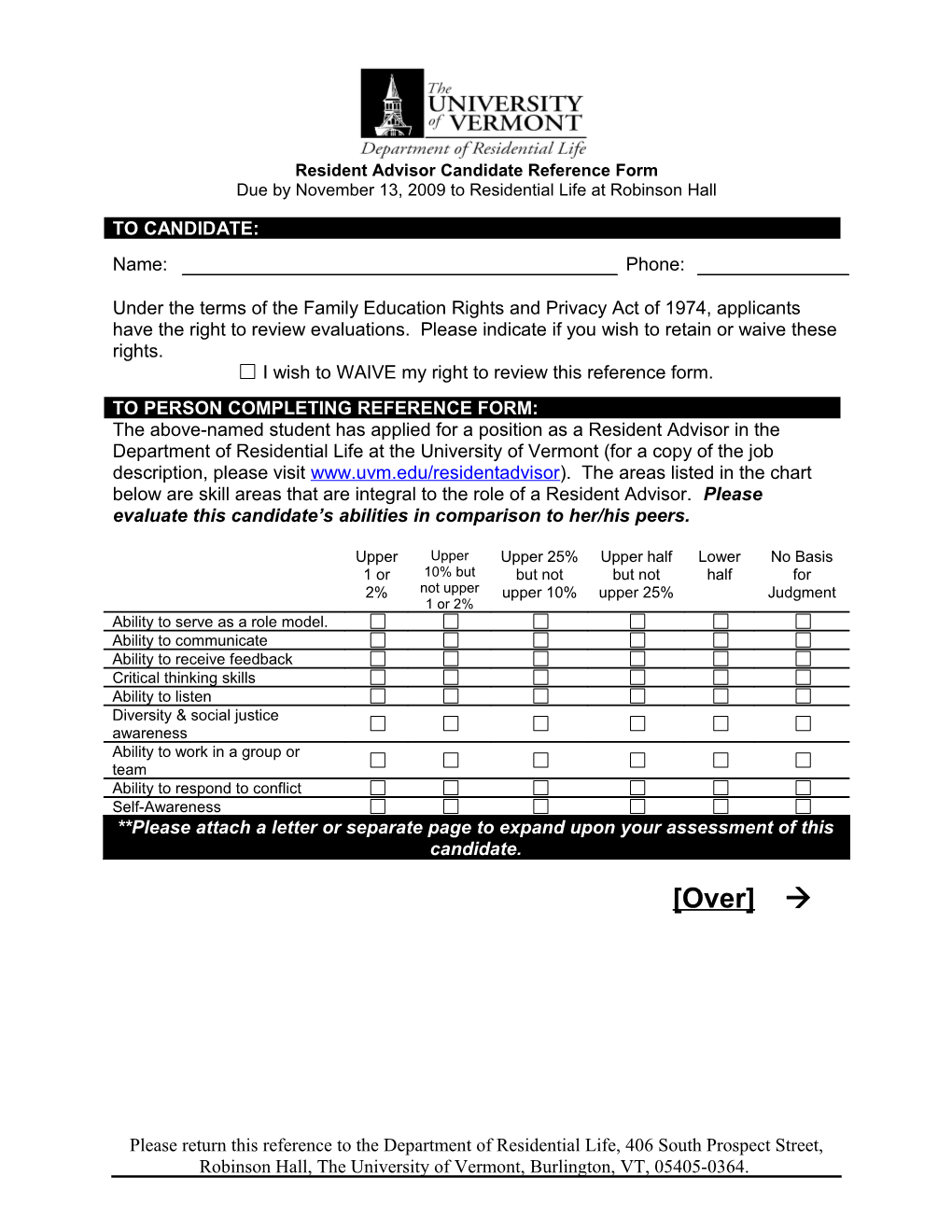 Resident Advisor Candidate Reference Form