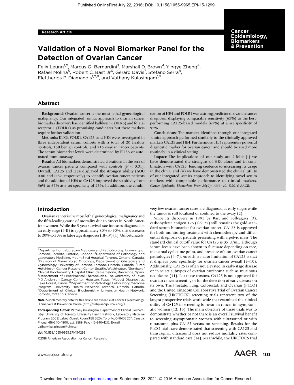 Validation of a Novel Biomarker Panel for the Detection of Ovarian Cancer