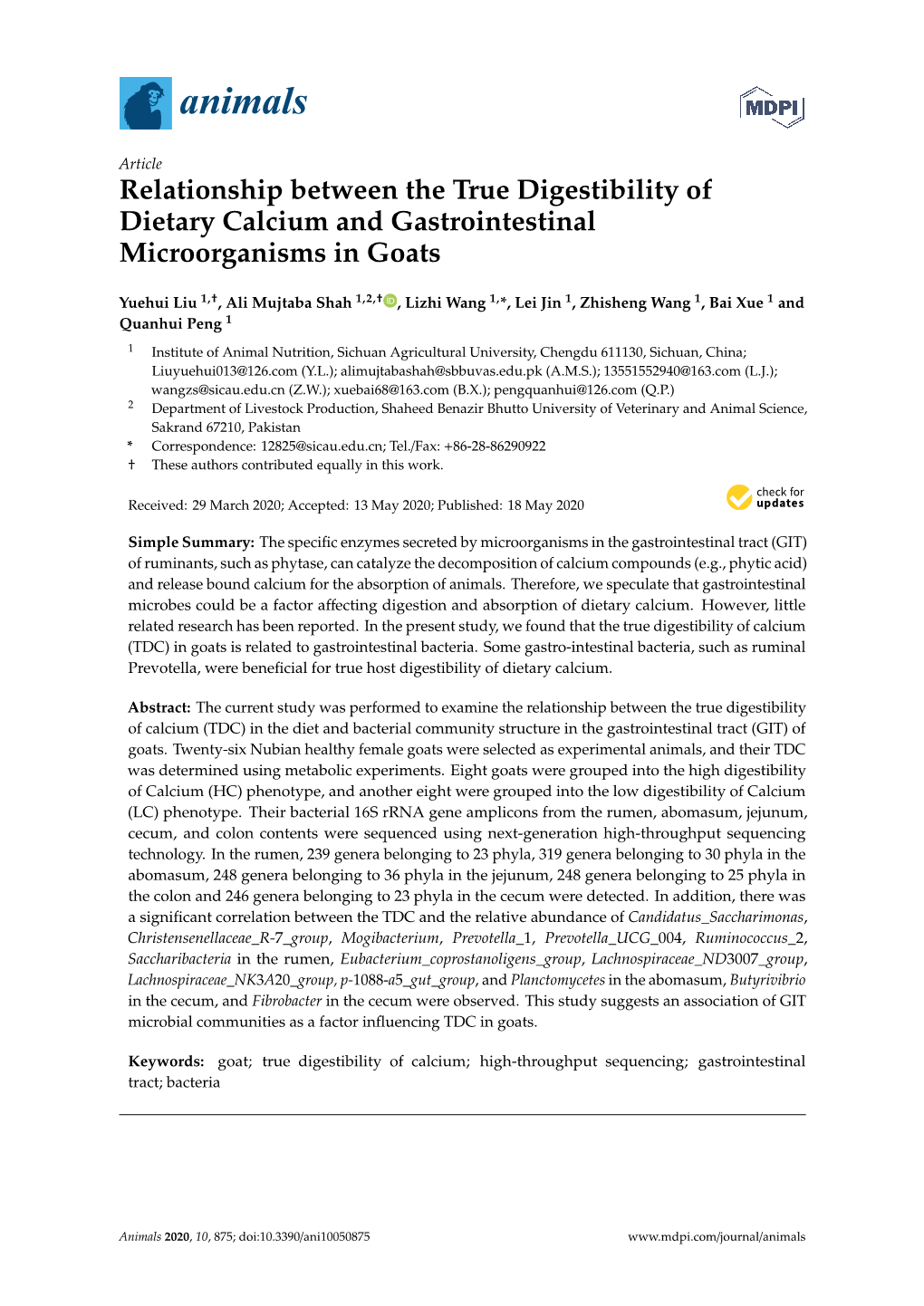 Relationship Between the True Digestibility of Dietary Calcium and Gastrointestinal Microorganisms in Goats