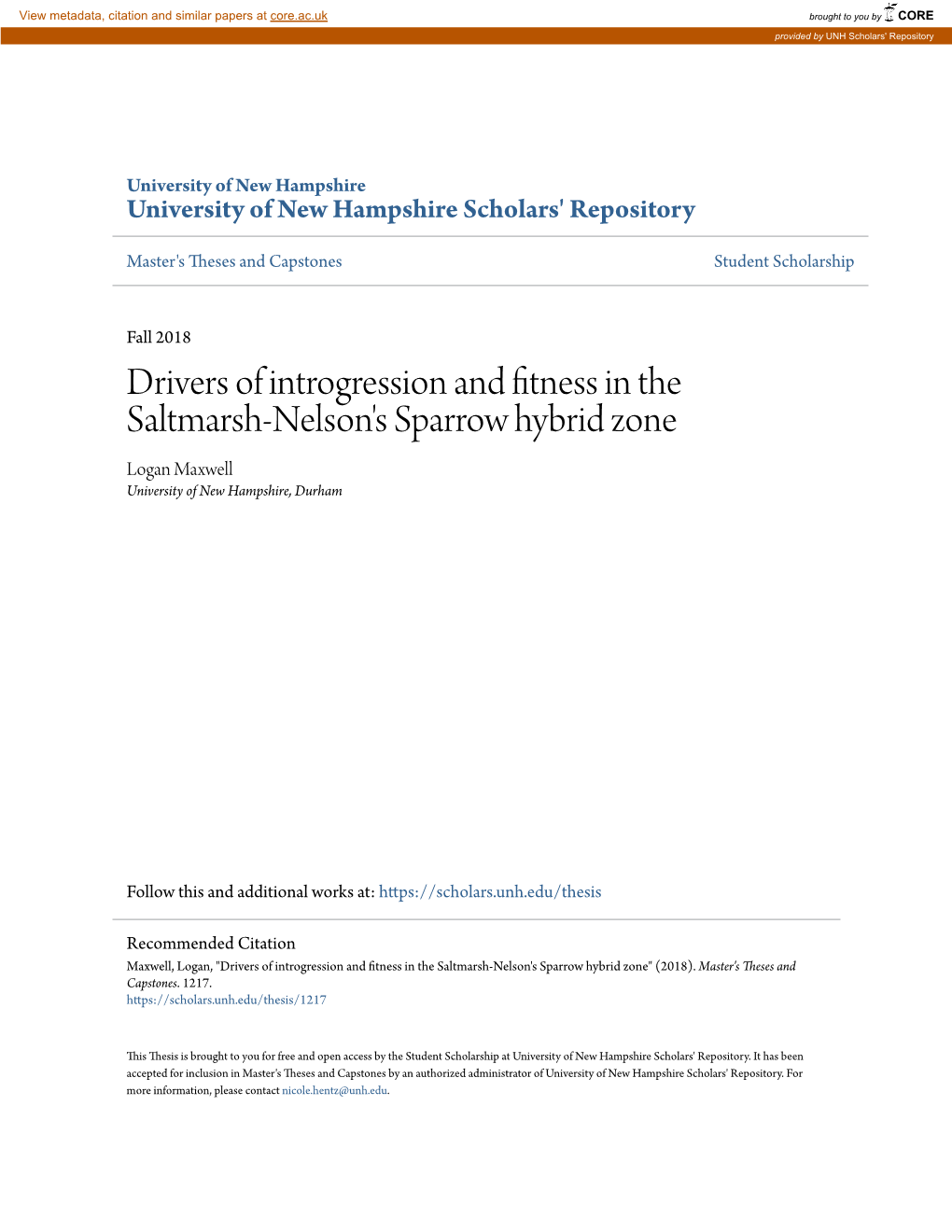 Drivers of Introgression and Fitness in the Saltmarsh-Nelson's Sparrow Hybrid Zone Logan Maxwell University of New Hampshire, Durham