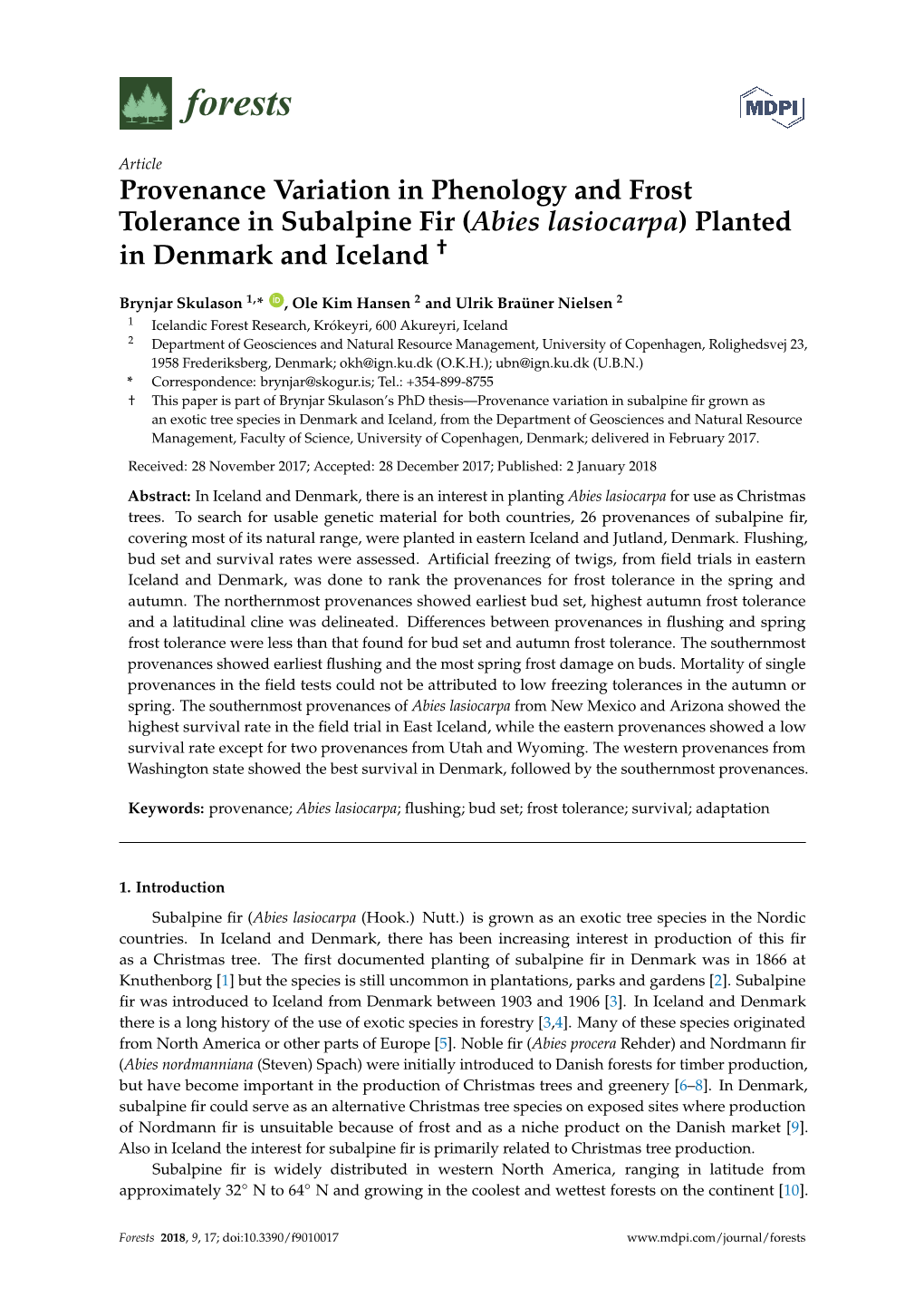 Provenance Variation in Phenology and Frost Tolerance in Subalpine Fir (Abies Lasiocarpa) Planted in Denmark and Iceland †