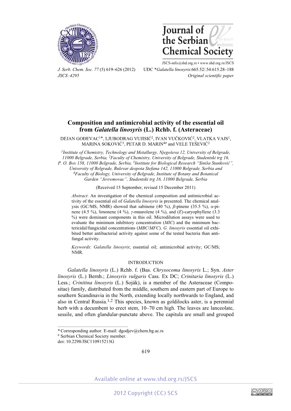 Composition and Antimicrobial Activity of the Essential Oil from Galatella Linosyris (L.) Rchb