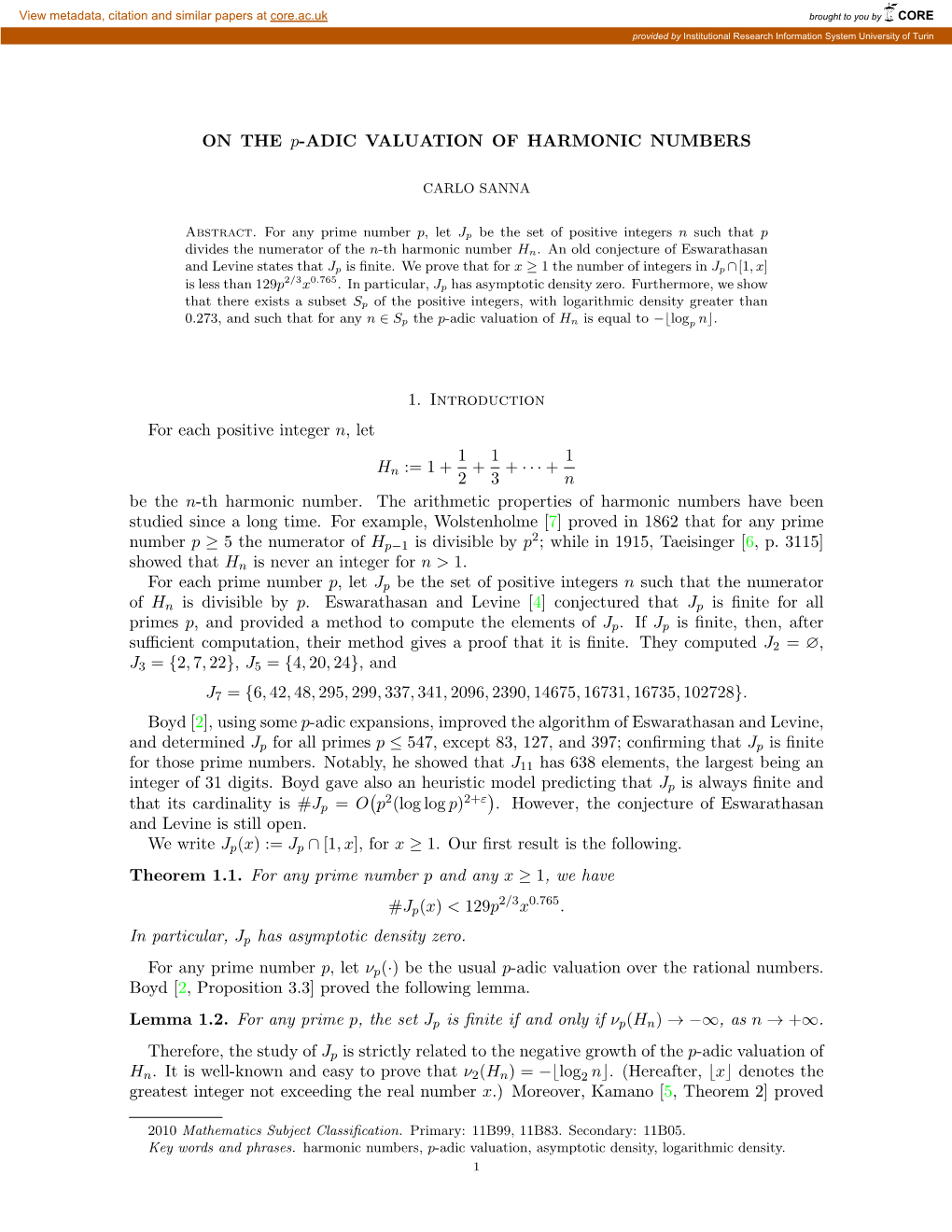 ON the P-ADIC VALUATION of HARMONIC NUMBERS 1