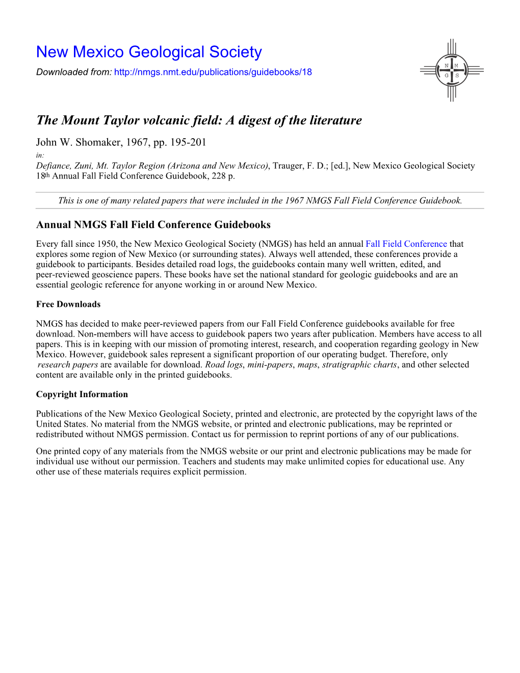 The Mount Taylor Volcanic Field: a Digest of the Literature John W